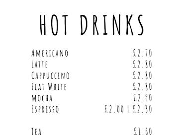 Coffee Bar Hot Drinks Menu